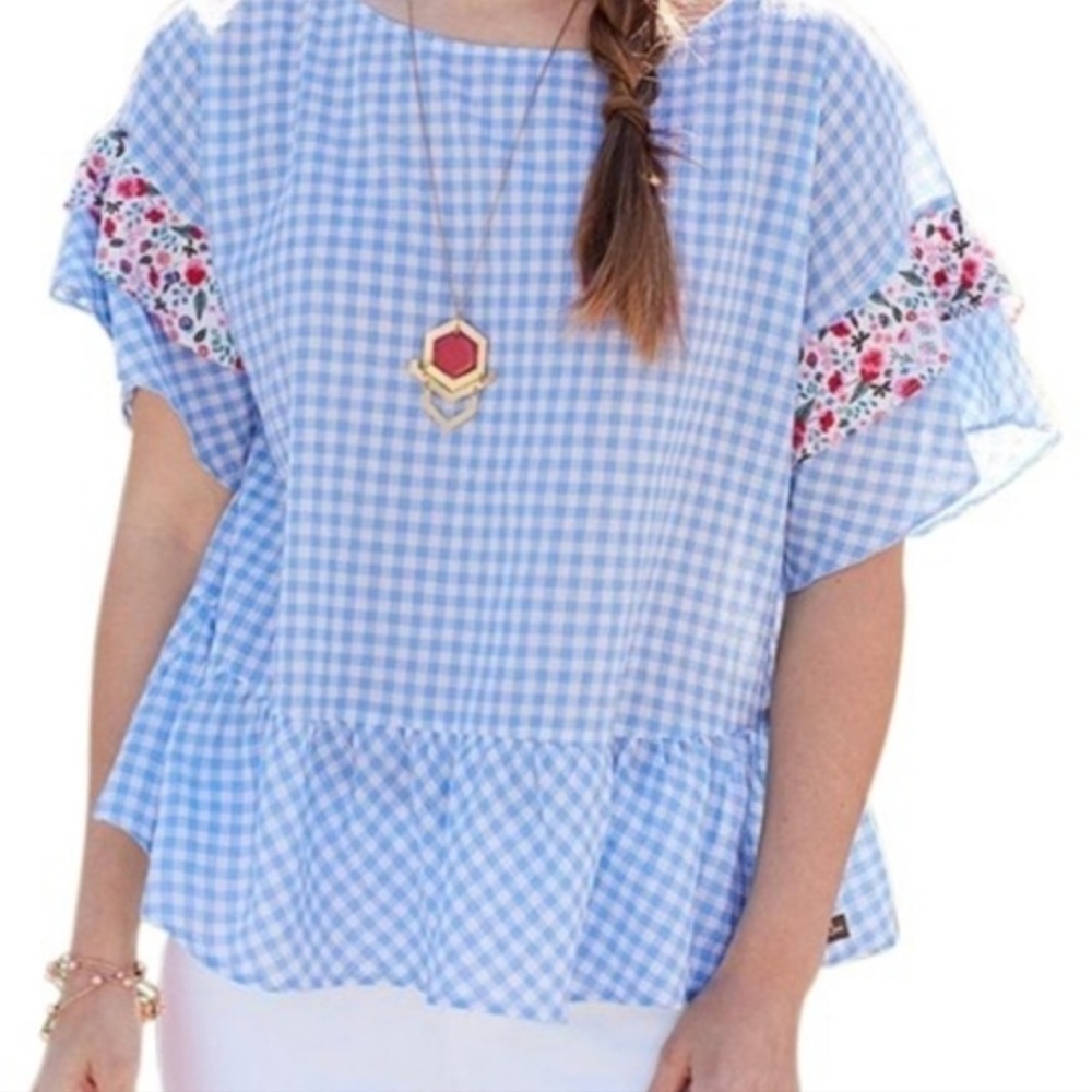 Matilda Jane Wish You Were Here Rural Route Blue and White Gingham Checked Top